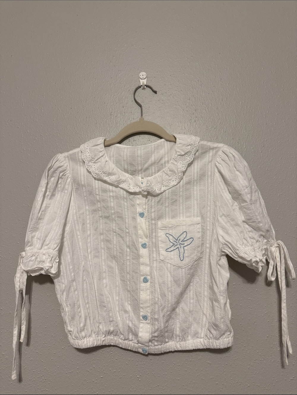 White Eyelet-Collar Cropped Button Front Top with Blue Embroidered Pocket